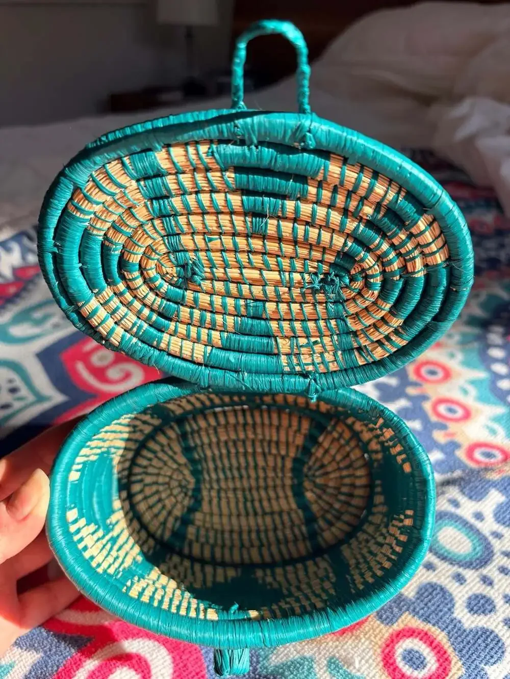 Handwoven Maya Teal and Natural Pine Needle Geometric Basket with Lid